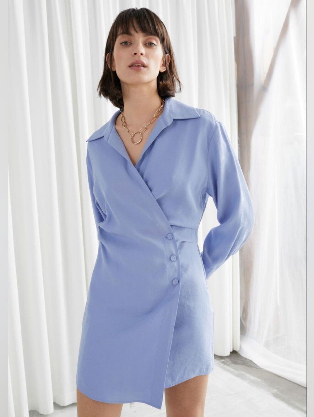 & Other Stories Blue Ruched Side Asymmetric Mini Shirt Dress - Size 2